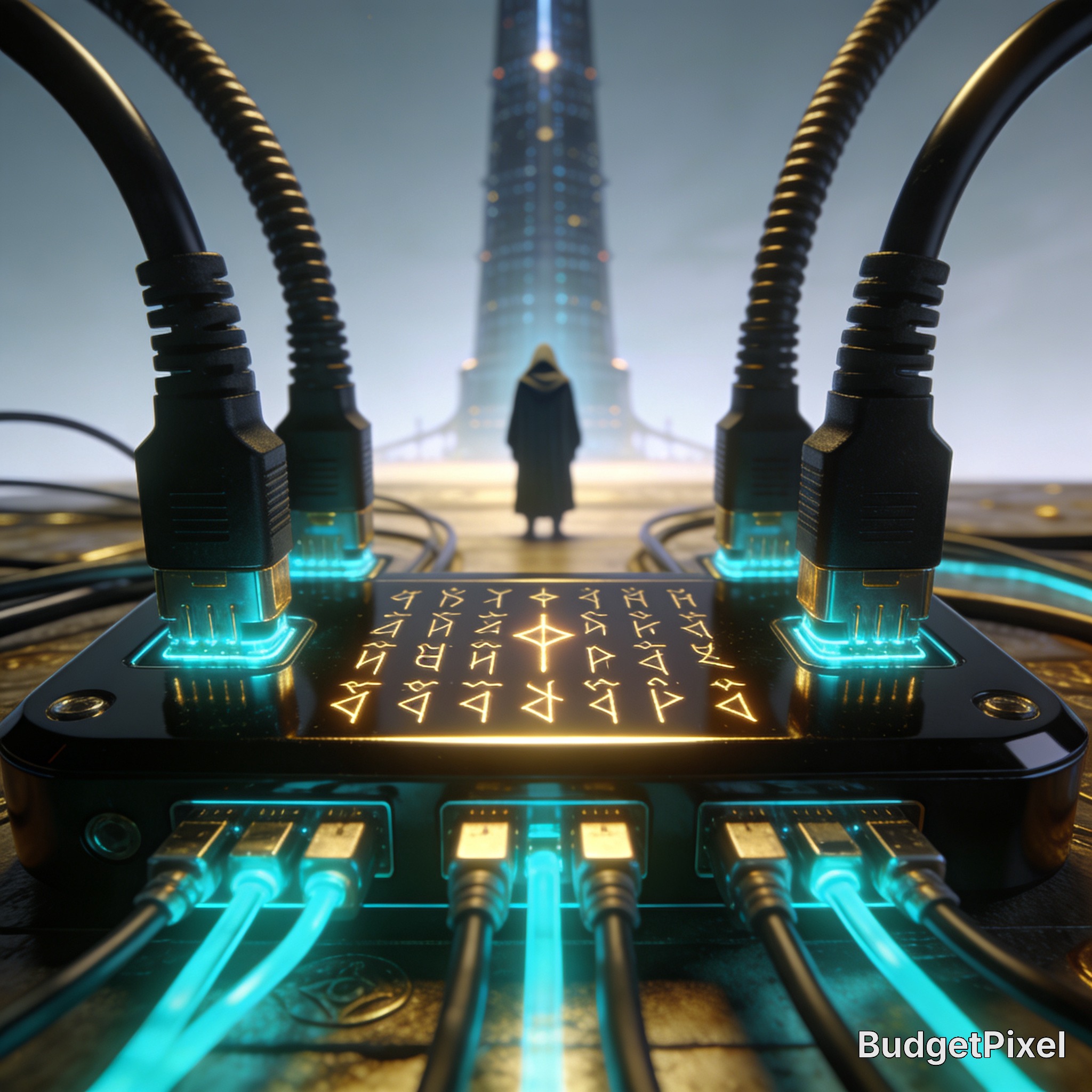 Futuristic data hub with glowing cyan cables and a distant hooded figure before a tall tower.