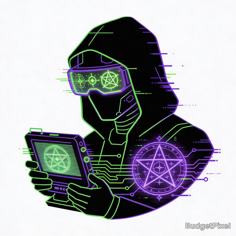 Neon-hued hacker in a hood with glowing goggles, holding a handheld device amid holographic symbols.