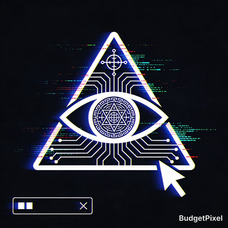 Neon triangle with an eye and circuit patterns, glitchy digital art on a dark background.