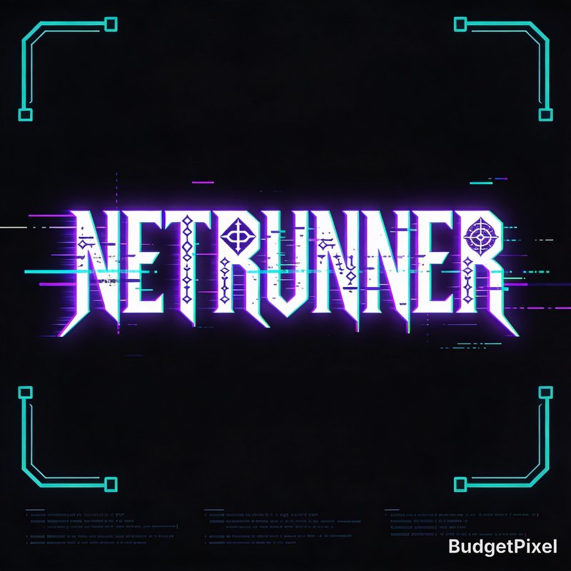 Neon glitch typography reading NETRUNNER on a dark background with cyan corner frames.