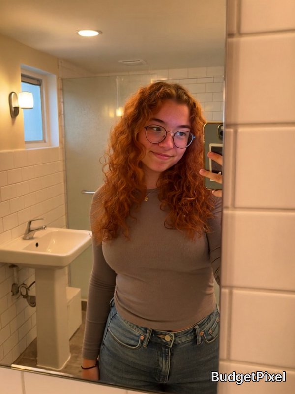 Young woman with curly red hair and glasses taking a mirror selfie in a tiled bathroom.