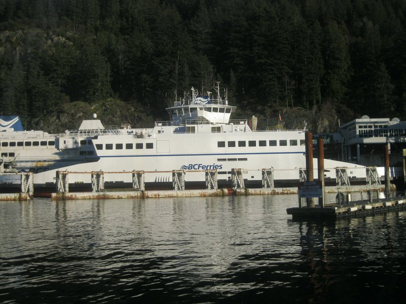White BC Ferries passenger ferry docked at a coastal terminal, backed by a dense evergreen forest...
