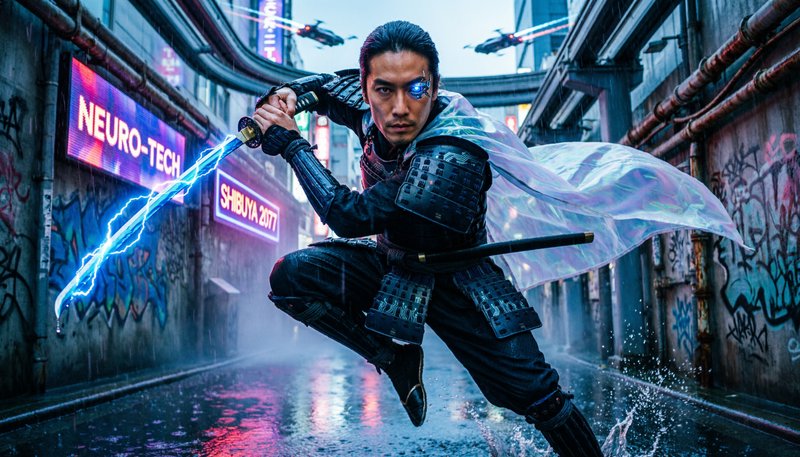 Ninja-like fighter leaps in a neon-lit alley, wielding a glowing blue energy sword and cape.