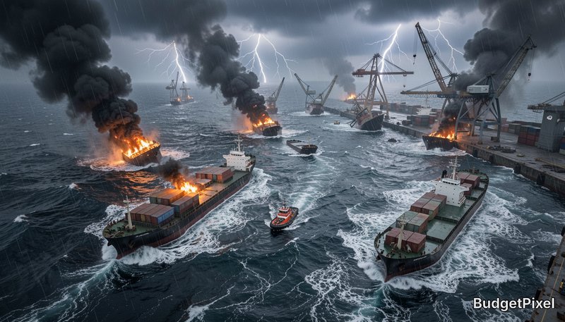 Ocean port battle scene with burning container ships, fire, smoke, and lightning over rough seas.