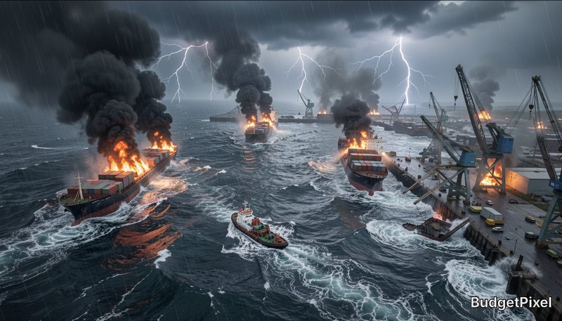 Stormy sea scene with burning ships, dark smoke, and bright lightning over a port.