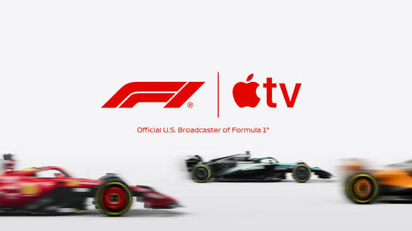 F1 logo with Apple TV branding and blurred race cars in motion