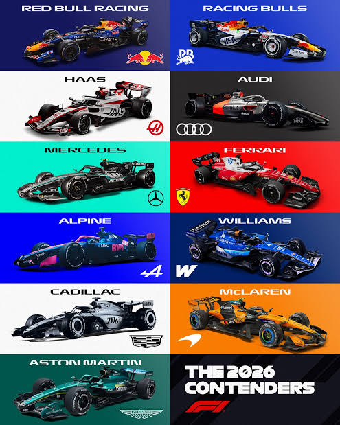Collage of Formula 1 race cars from Red Bull, Mercedes, Ferrari, McLaren, Alpine and more.