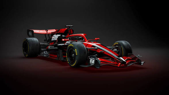 Red Formula 1 race car on a dark studio background.