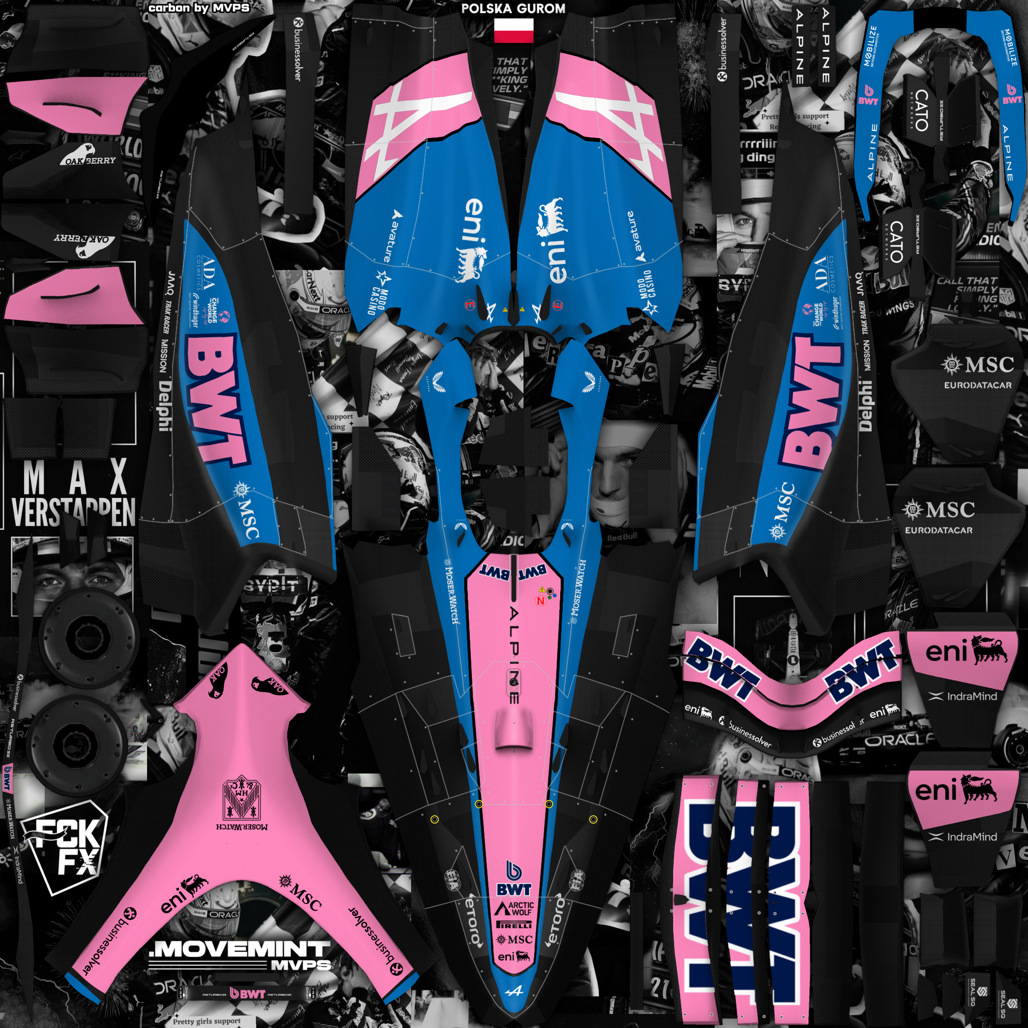 Vibrant collage of blue and pink BWT EnI race livery designs arranged in a mirrored, symmetrical montage.