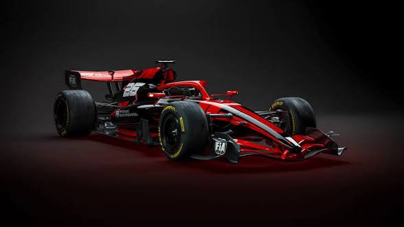Red Formula 1 race car on a dark studio background.