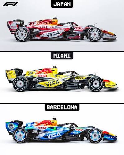 Side-profile of three stylized Formula 1 race cars in Japan, Miami, and Barcelona color schemes, ...