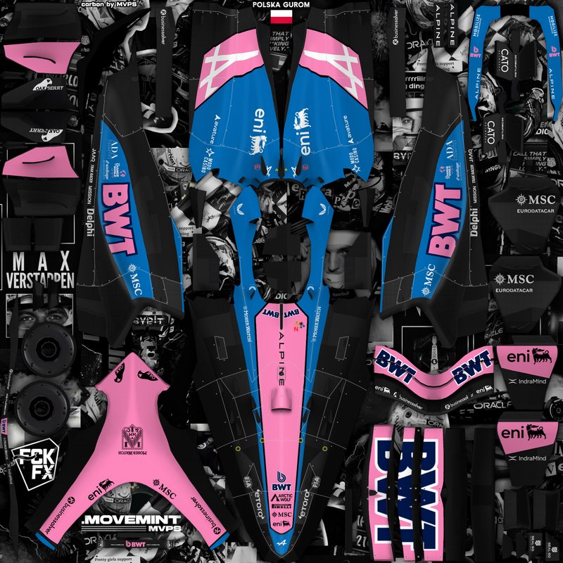 Vibrant collage of blue and pink BWT EnI race livery designs arranged in a mirrored, symmetrical ...