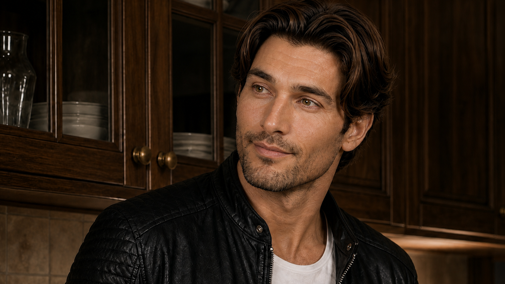 Man in a black leather jacket in a warm, wood-toned kitchen.