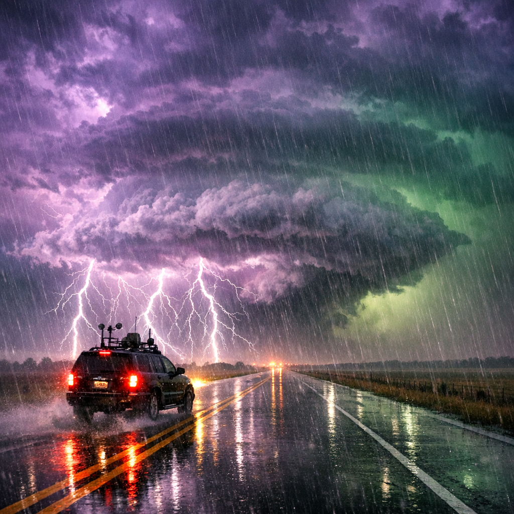 SUV on a rain-soaked highway beneath dramatic purple-green storm clouds with bright lightning.
