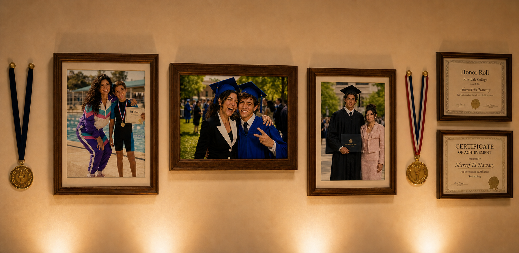 Wall display of graduation photos with medals and framed certificates.