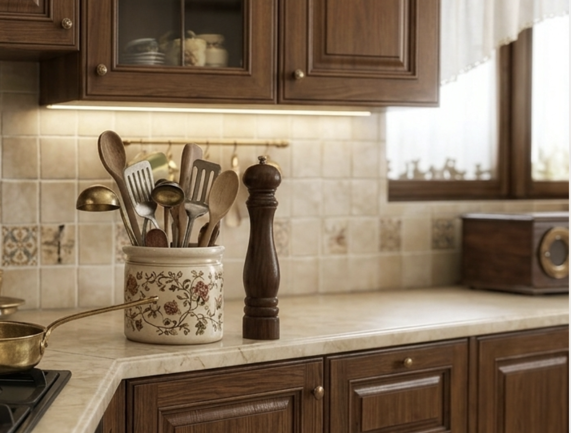 Traditional kitchen countertop with a ceramic utensil jar, wooden pepper mill, and vintage cabinetry.