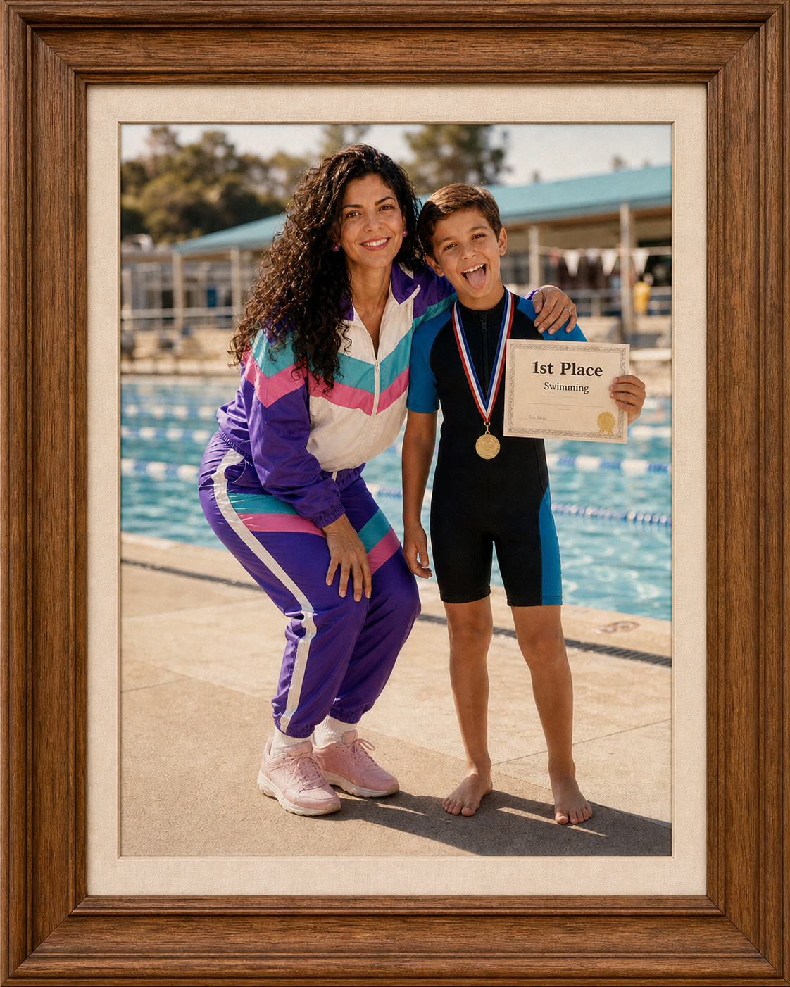 Woman in a colorful tracksuit kneels beside a smiling boy in a swim outfit holding a 1st place certificate at a pool.