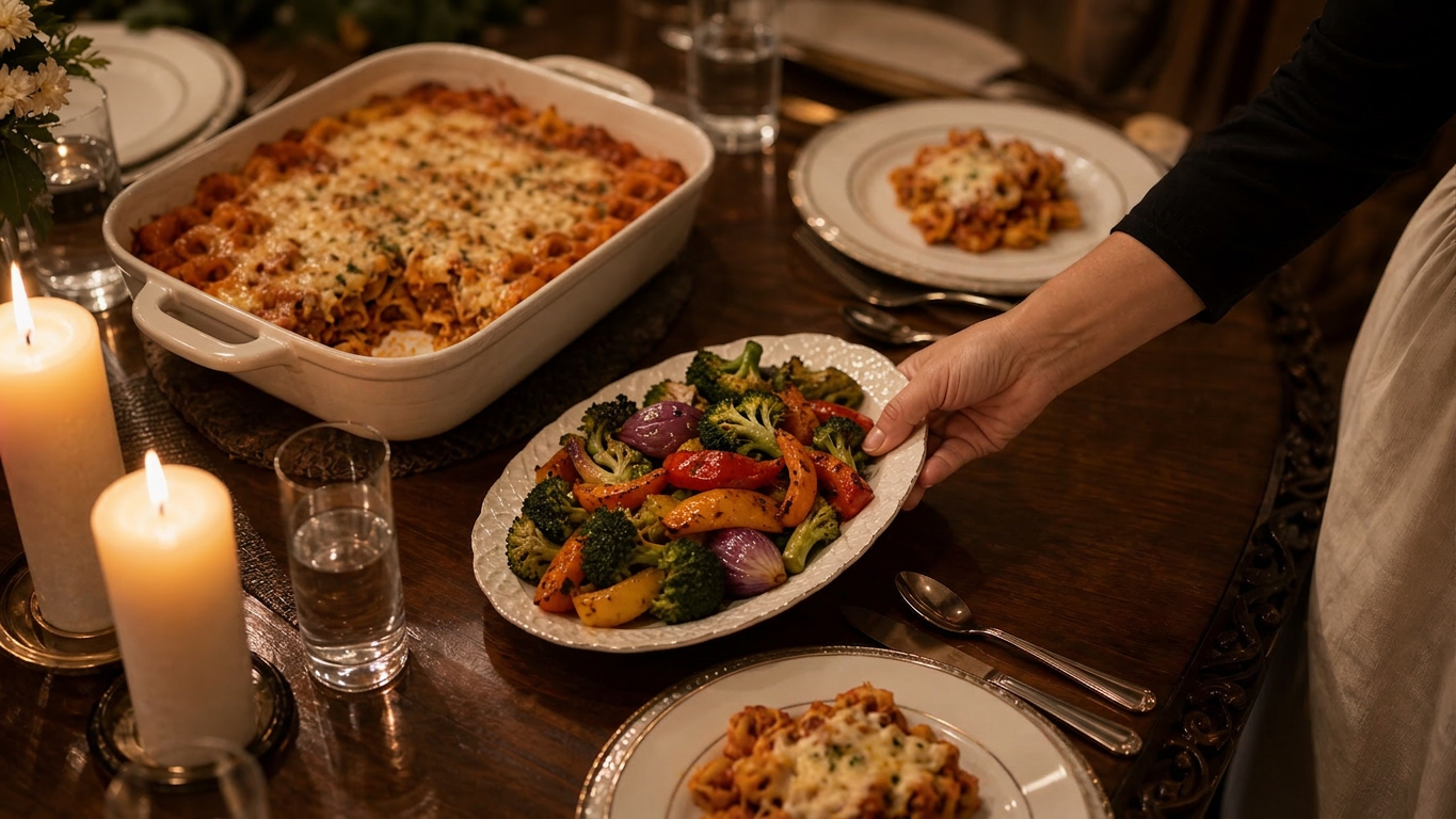 Person serving roasted vegetables beside a baking dish of lasagna on a dark wooden table.
