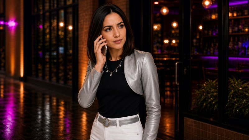 Woman in a metallic silver jacket talking on her phone in a neon-lit urban night scene
