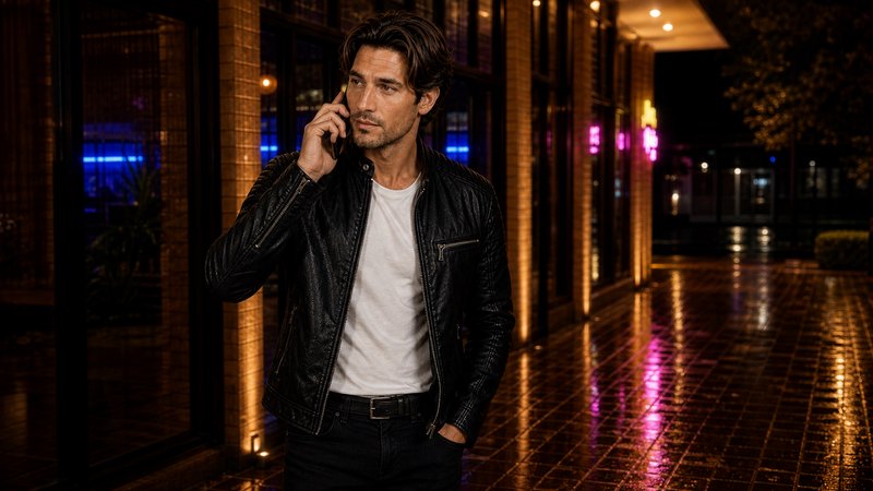 Smoldering man in black leather jacket talking on a smartphone at night on a wet city street.