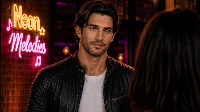Man in a black leather jacket facing a woman in a neon-lit bar with "Neon Melodies" sign in the background.