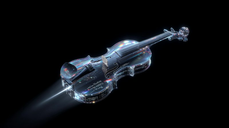 Transparent holographic violin glowing with neon lights against a black background