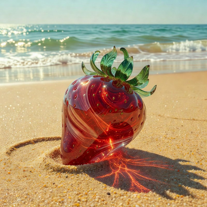 Glossy glass strawberry sculpture on sandy beach with gentle ocean waves in the background