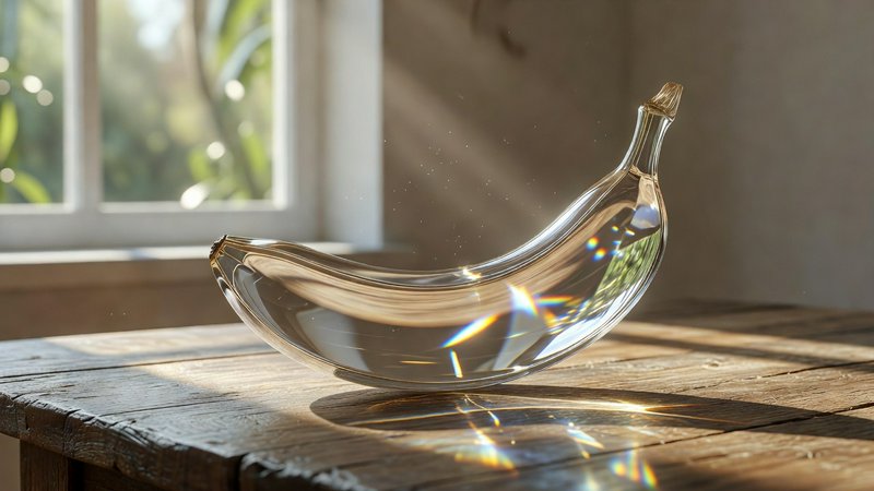 Glass banana-shaped bowl on a sunlit wooden table with rainbow prism reflections.