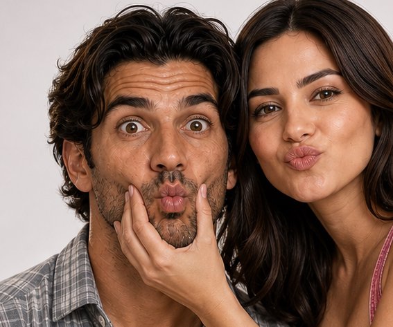 A young couple making playful kissing faces at the camera in a close-up portrait.