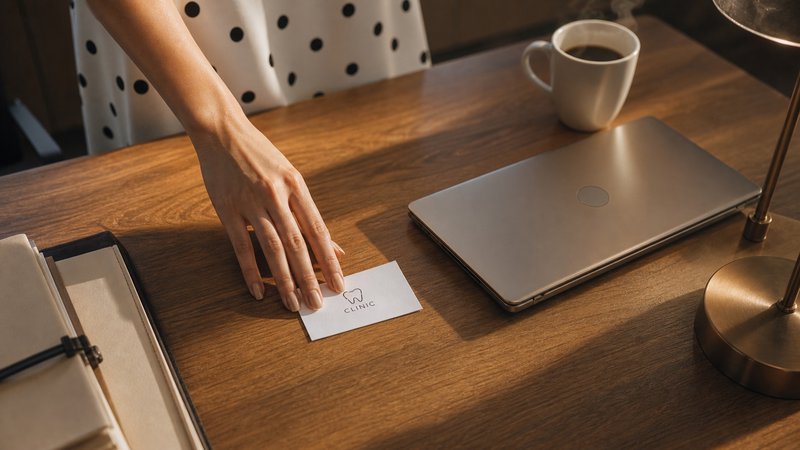 Hand placing a dental clinic business card on a wooden desk beside a laptop and coffee cup.