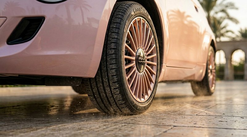 Close-up of a pastel pink Fiat 500’s matching rose multi-spoke alloy Goodyear tire kicking up dus...
