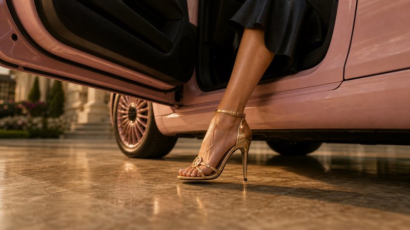 A woman’s leg in gold strappy stiletto heels steps out of an open soft pink luxury car onto a pol...