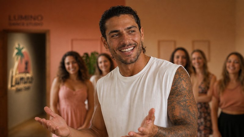 Smiling tattooed male instructor gestures cheerfully as a group of happy women stand behind him i...