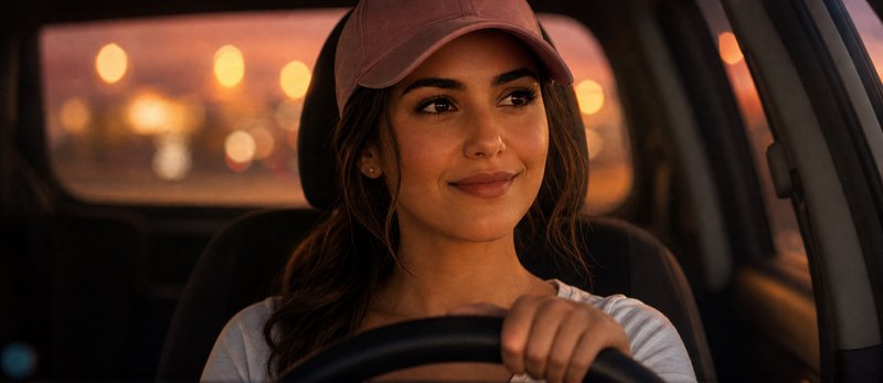 Smiling woman in a pink baseball cap driving a car, with warm bokeh sunset street lights visible ...