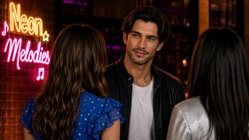 Handsome stubbled man in a leather jacket converses with two women in front of a glowing "Neon Me...