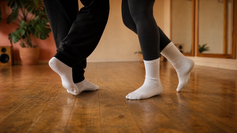 Close-up of two people's legs dancing in white socks on a polished warm wooden home floor