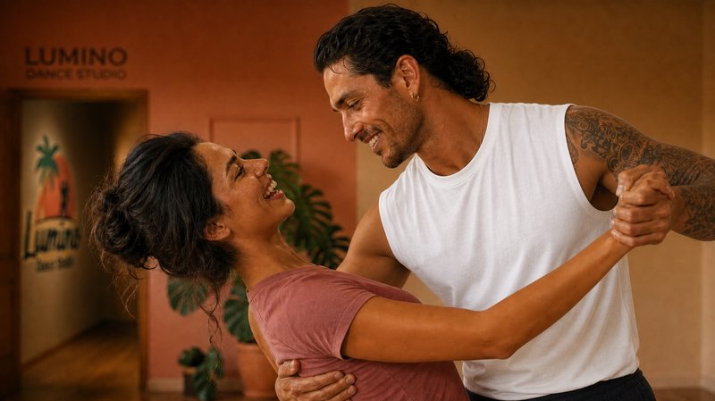 Joyful smiling couple practicing a partnered dance dip together in a warm cozy indoor dance studio.