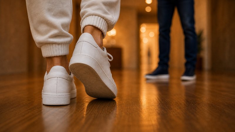 Low-angle closeup of person in white casual sneakers on polished hardwood floor, warm lit hallway...