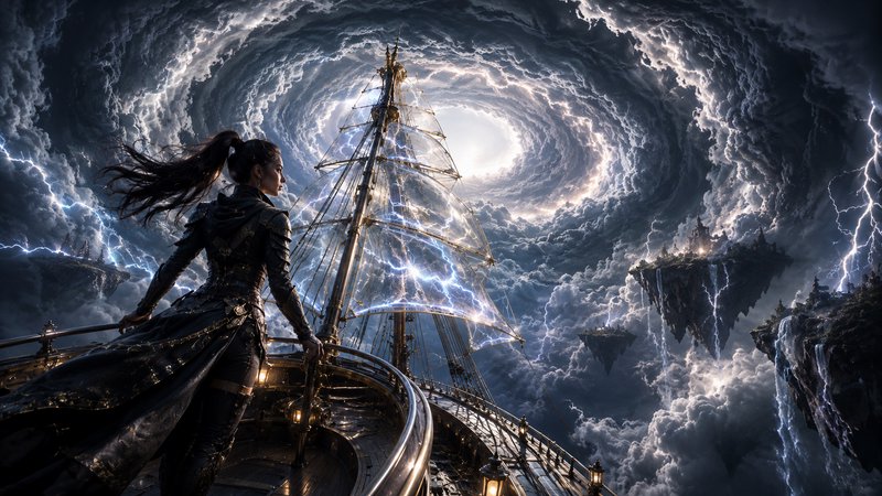 Fantasy female airship captain stands at the bow, sailing into a swirling lightning storm vortex ...