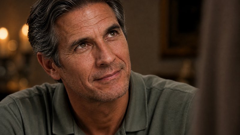 Close-up portrait of a thoughtful middle-aged man with salt-and-pepper hair, soft smile, looking ...