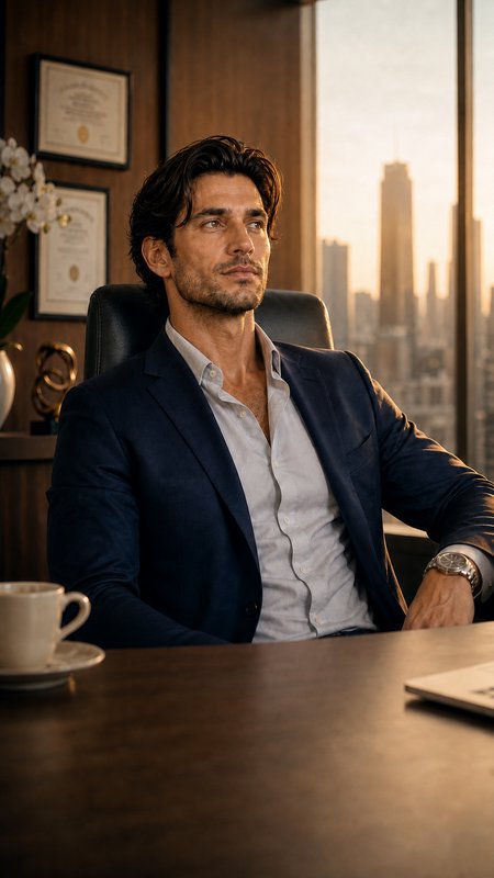 Pensive handsome male executive seated in a luxury high-rise office, warm golden sunset light fal...