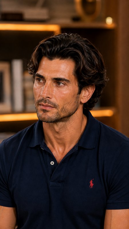 [Close-up portrait of a handsome man with wavy dark hair wearing a navy Ralph Lauren polo, looking thoughtfully off to the...