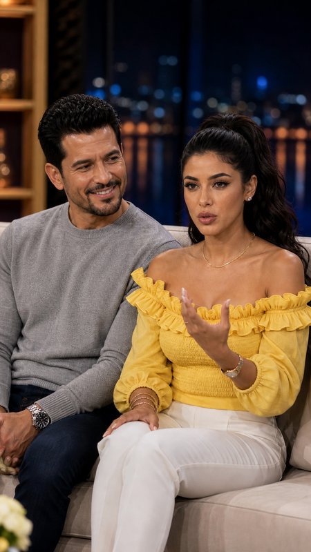 Smiling man in grey sweater sits next to woman in yellow ruffled top gesturing while speaking on ...