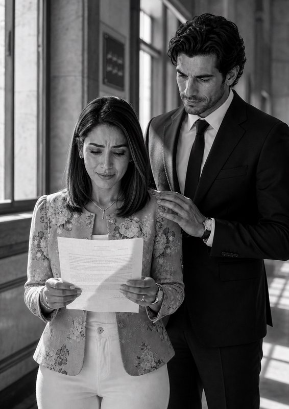 [Black and white photo of concerned woman reading a document while a suited man offers support in a sunlit formal building...