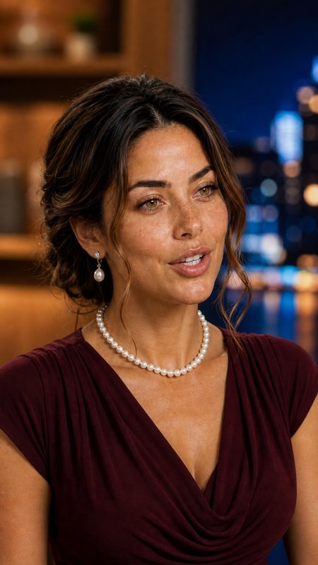 Close-up portrait of elegant woman in burgundy top with pearl jewelry, speaking against blurred n...