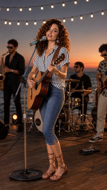 Curly-haired female lead singer plays acoustic guitar, performing with her band on a seaside wood...