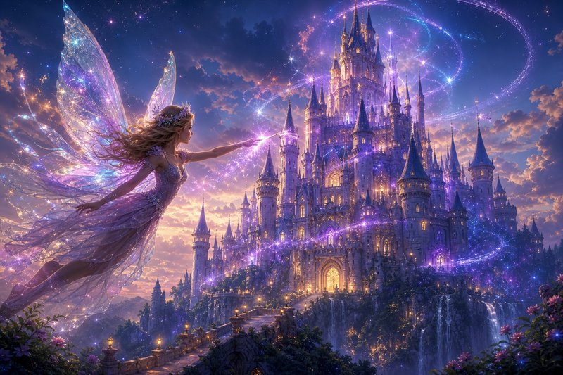 Sparkling crystal-winged fairy casts glowing purple magic toward a grand enchanted castle under a...