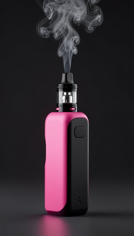 Bright pink and black box mod vape with swirling wispy vapor rising from its tank against a dark ...
