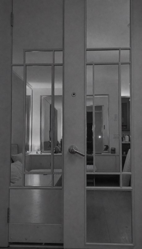 Black and white view of grid-pane glass double interior doors with recursive mirror reflection of...
