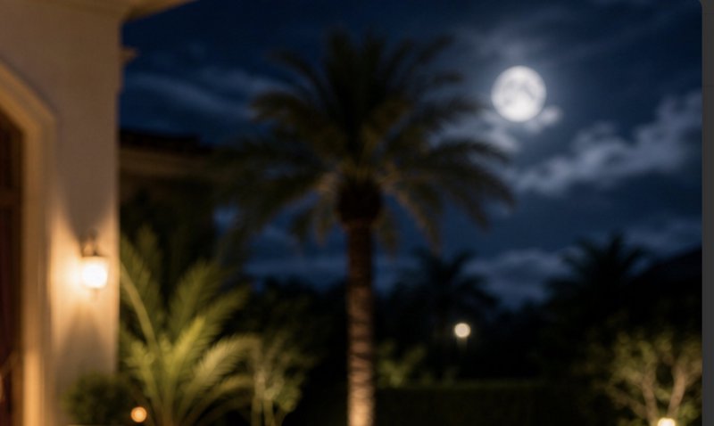Soft blurred tropical night scene with glowing full moon, silhouetted palm trees, and warm lit ho...